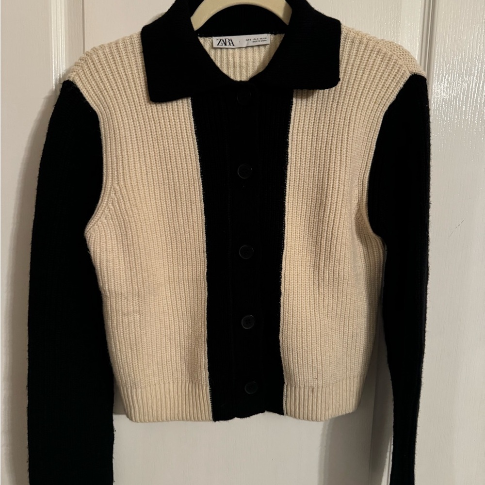 Zara Color Block Cream And Black Button Down Swea… - image 2